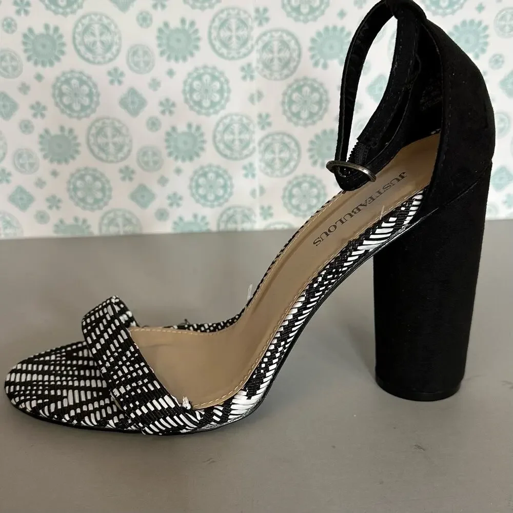 JustFab Womens Black White Woven Block Heel Ankle Strap Sandals Open Toe 10 - Picture 5 of 12